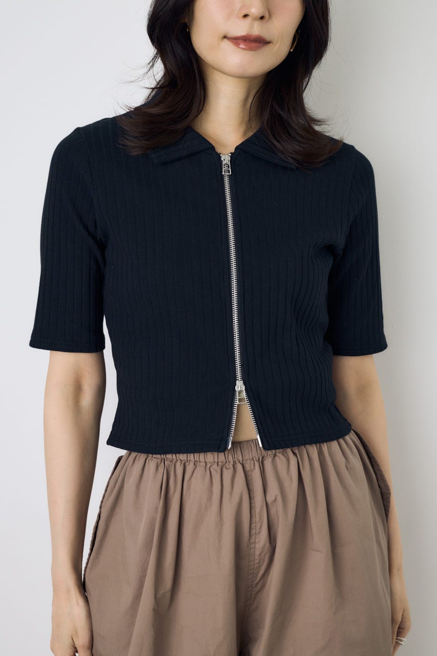 【WEB限定】ZIP5分袖リブカーデ BLK FREE