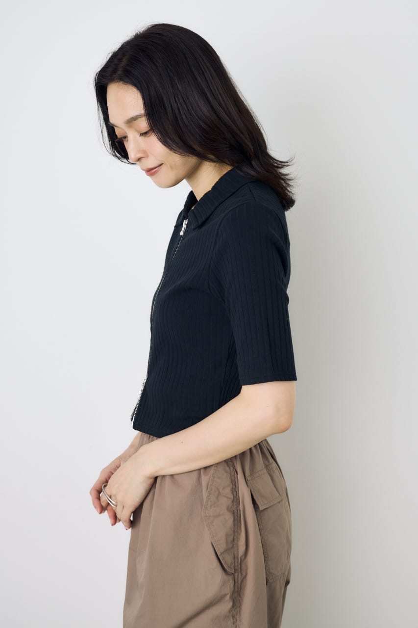 【WEB限定】ZIP5分袖リブカーデ BLK FREE