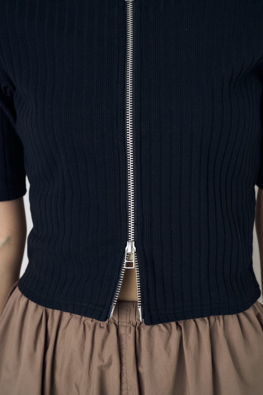 【WEB限定】ZIP5分袖リブカーデ BLK FREE