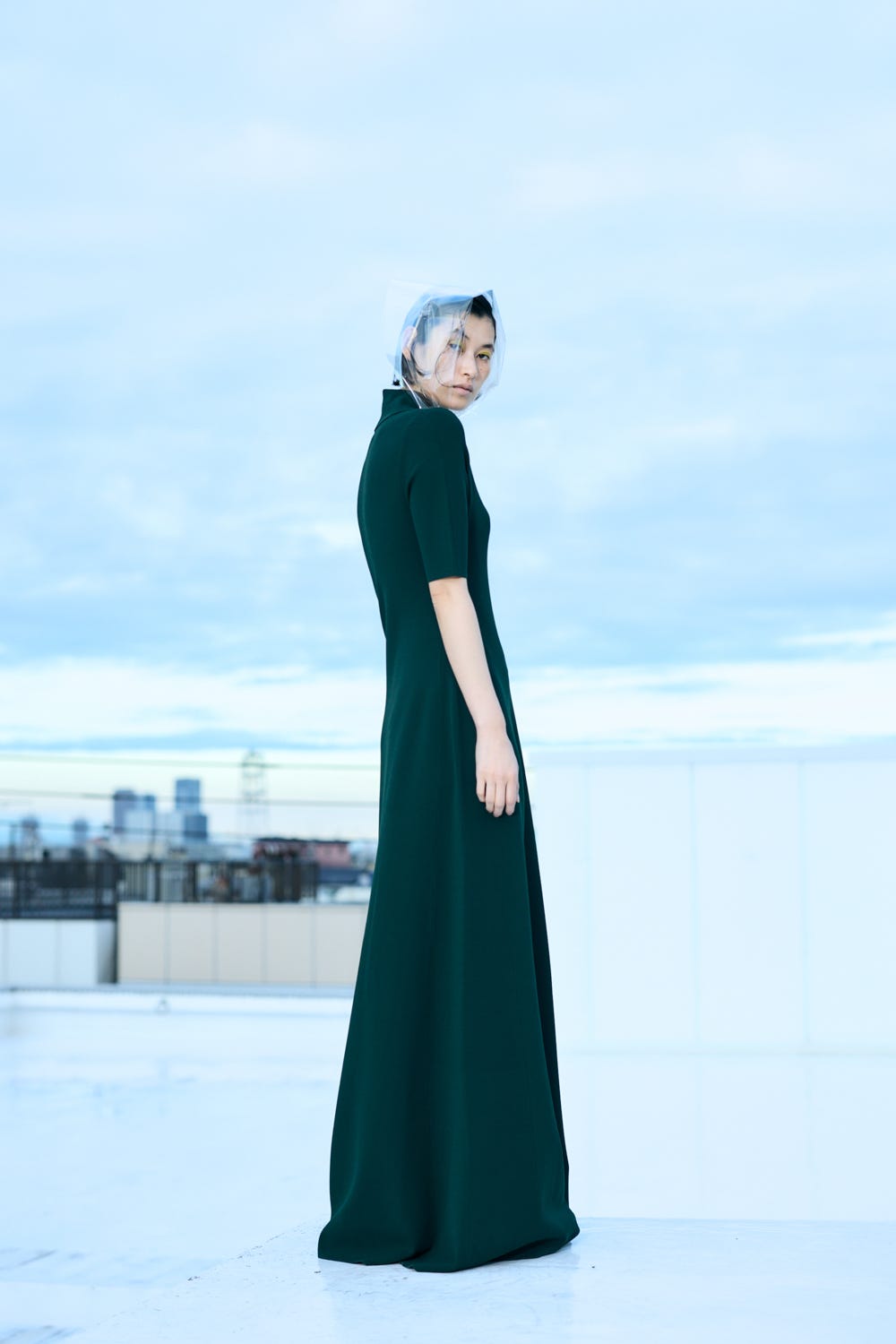 SLIT-COLLAR LONG-DRESS D/GRN 38