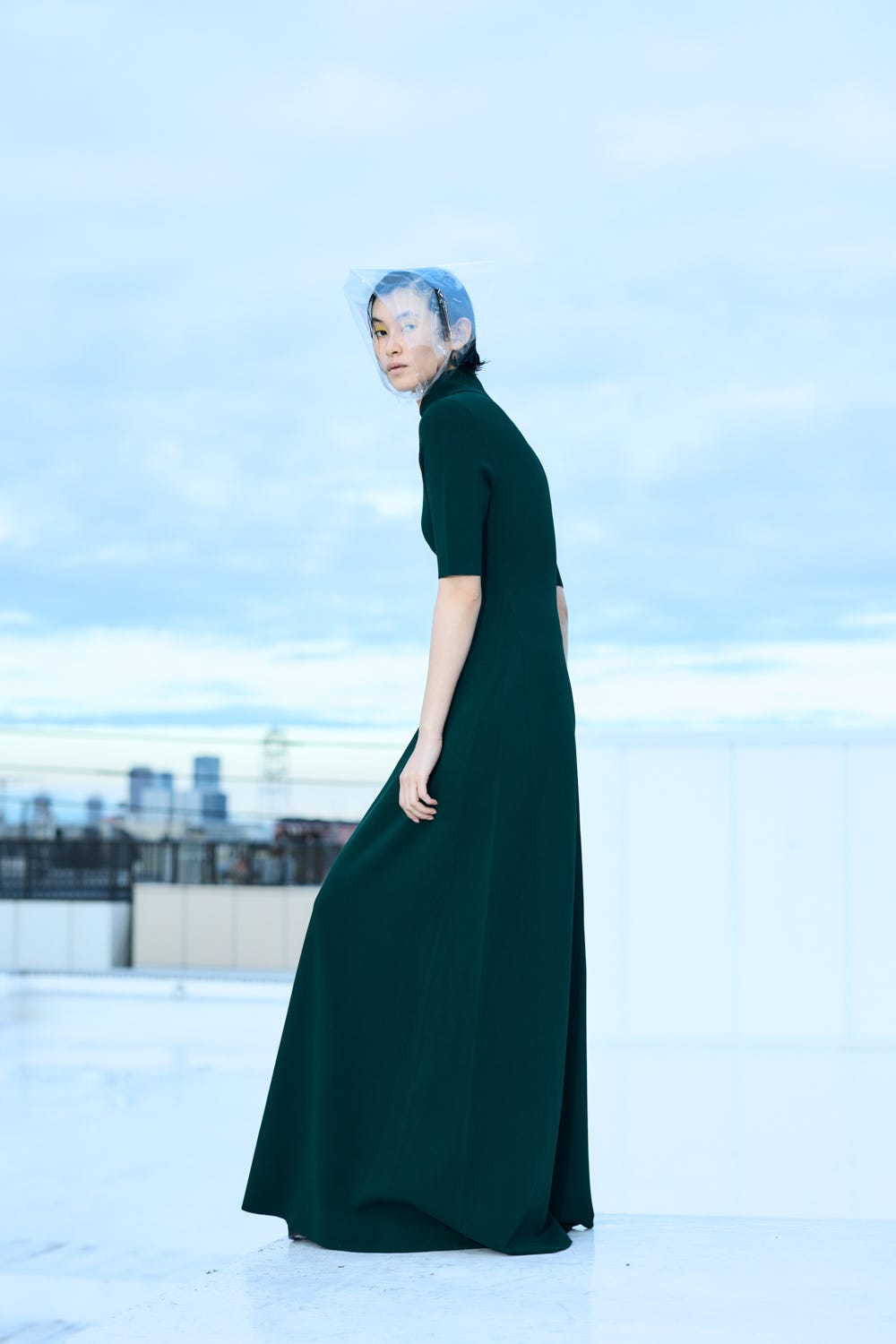 SLIT-COLLAR LONG-DRESS D/GRN 38