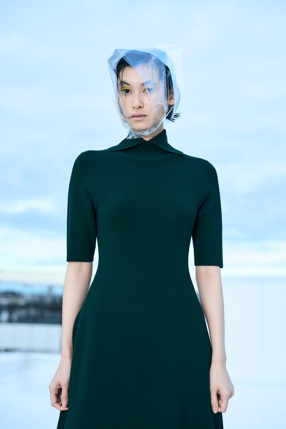 SLIT-COLLAR LONG-DRESS D/GRN 38