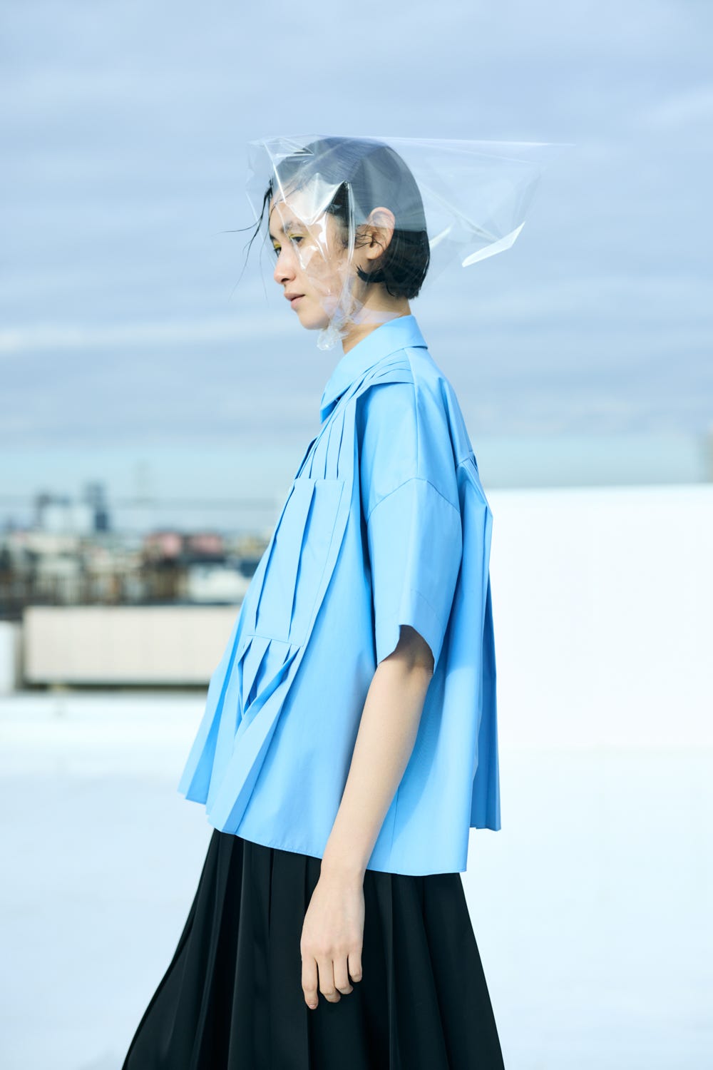 PLEATS WIDE BOX SHIRT L/BLU 38