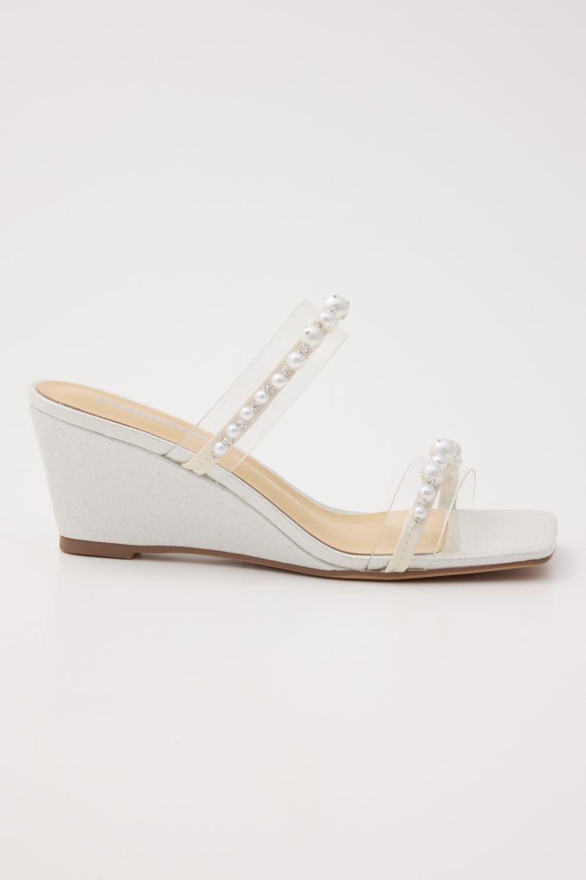 極美品】✨STACCATO 23cm ミュール 白 ツイード×パール×ビジュー STACCATO | パールベルトヌーディーヒールサンダル (サンダル