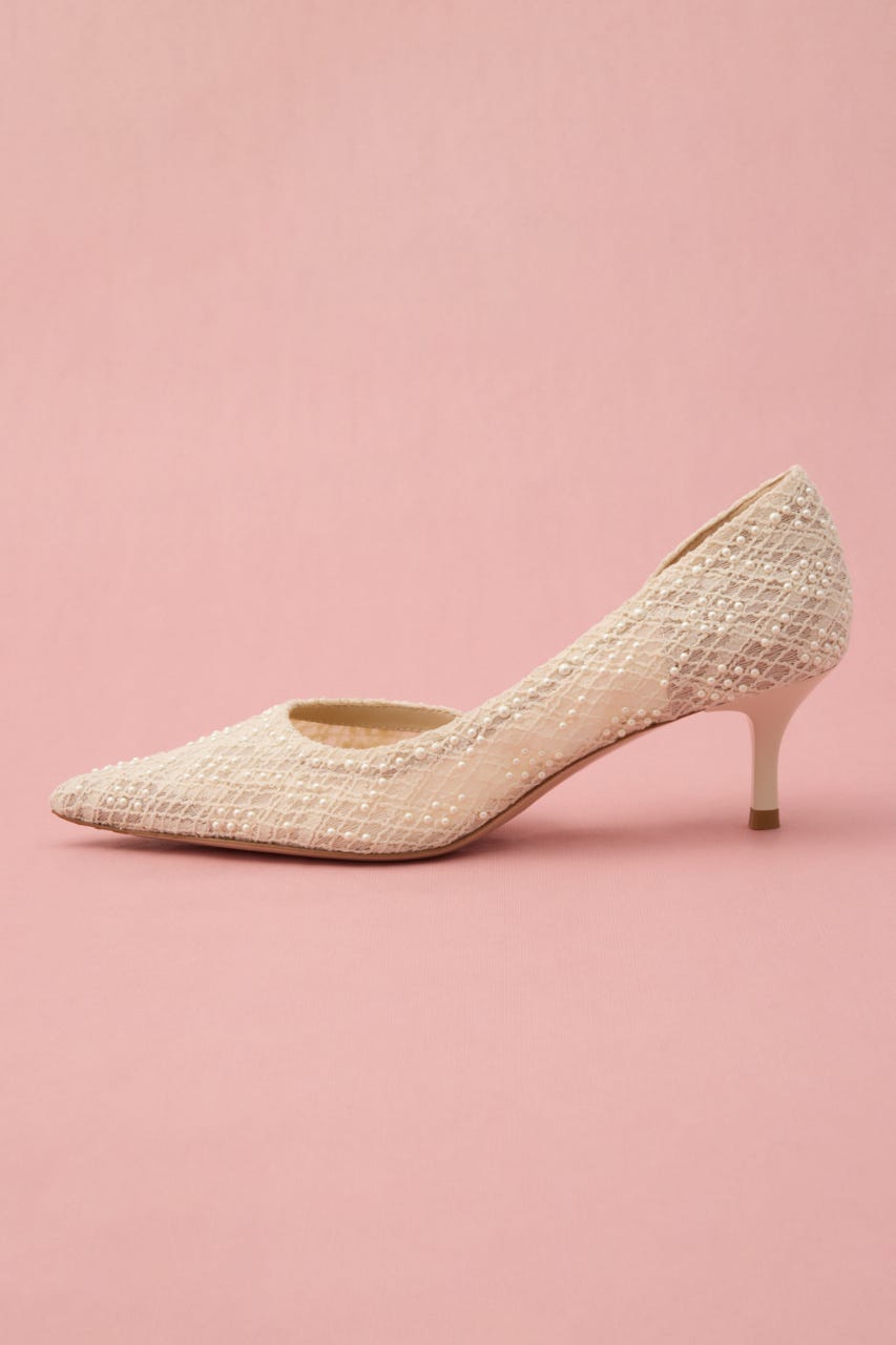 パールエンブロイドサイドオープンパンプス 柄WHT 24.5cm