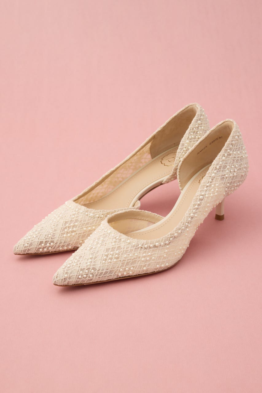 パールエンブロイドサイドオープンパンプス 柄WHT 24.5cm