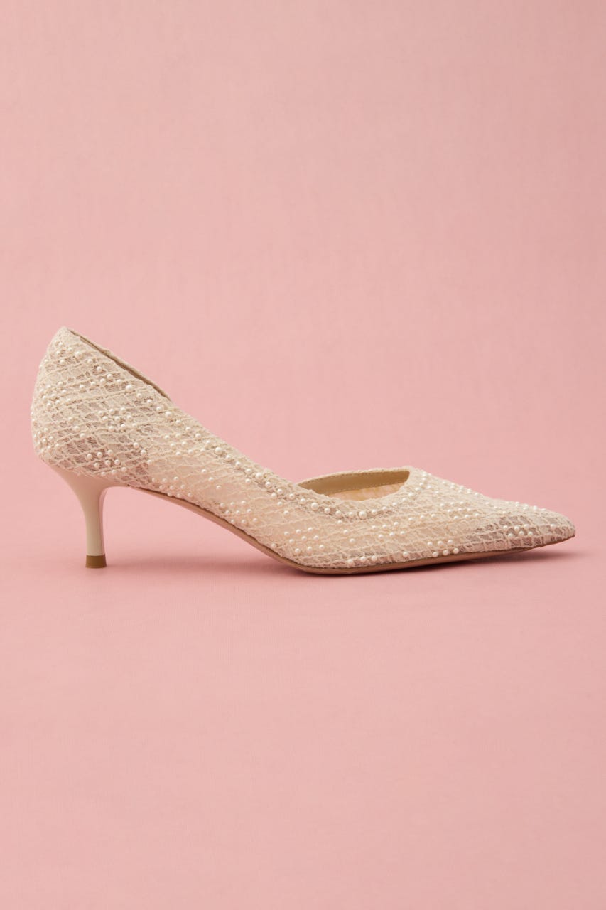 パールエンブロイドサイドオープンパンプス 柄WHT 24.5cm