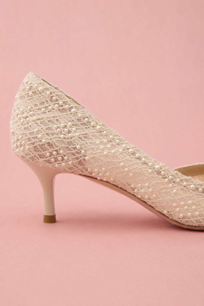パールエンブロイドサイドオープンパンプス 柄WHT 24.5cm