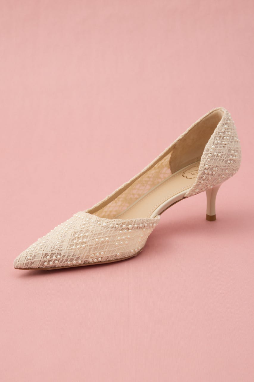 パールエンブロイドサイドオープンパンプス 柄WHT 24.5cm