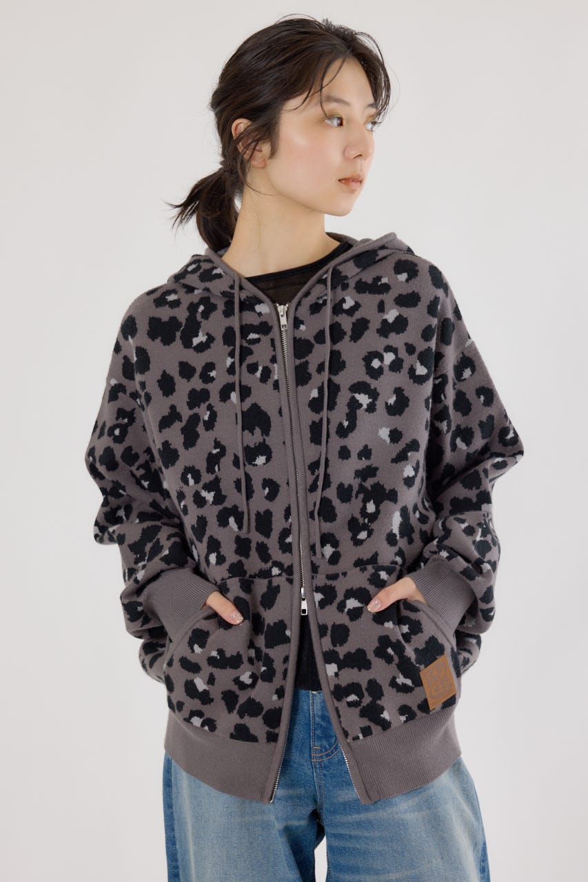 ジャガードニットジップパーカー 柄GRY FREE