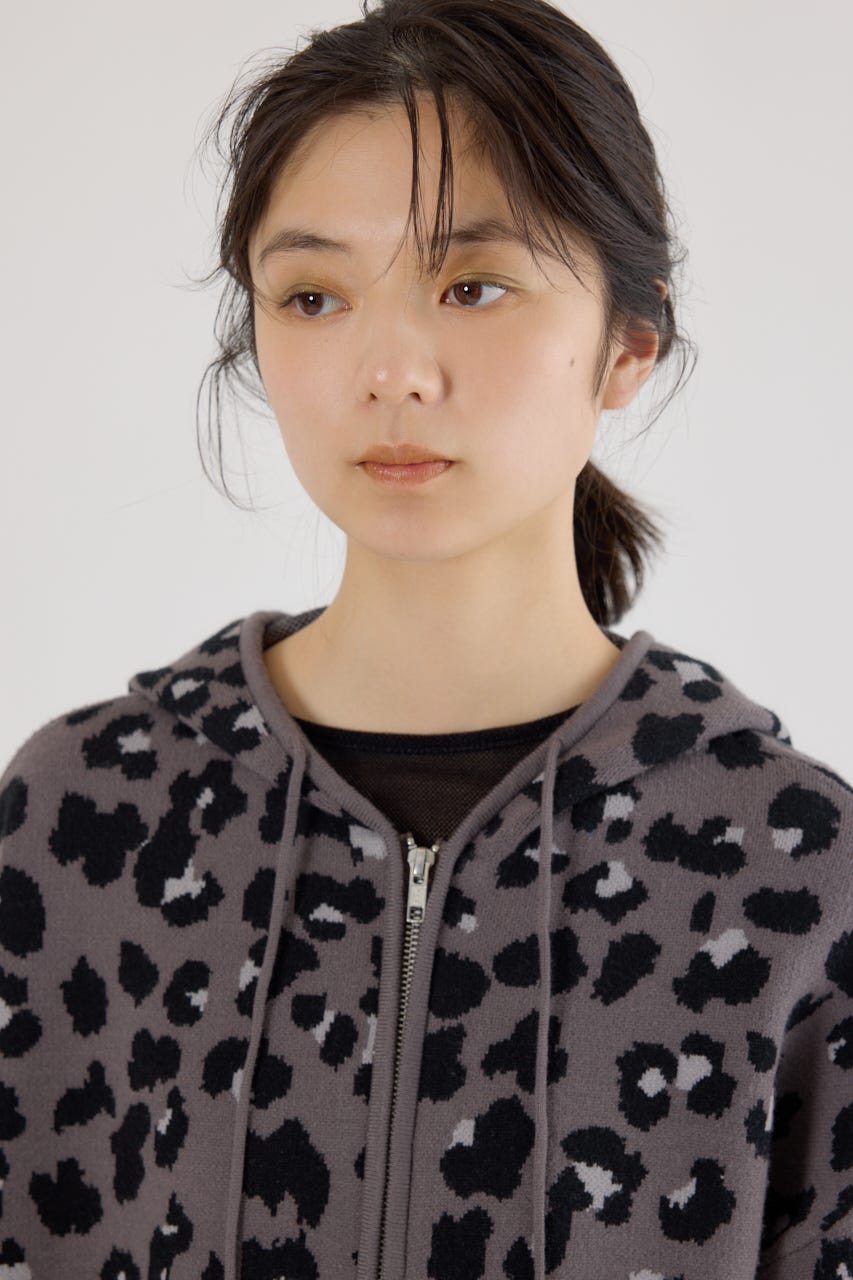 ジャガードニットジップパーカー 柄GRY FREE