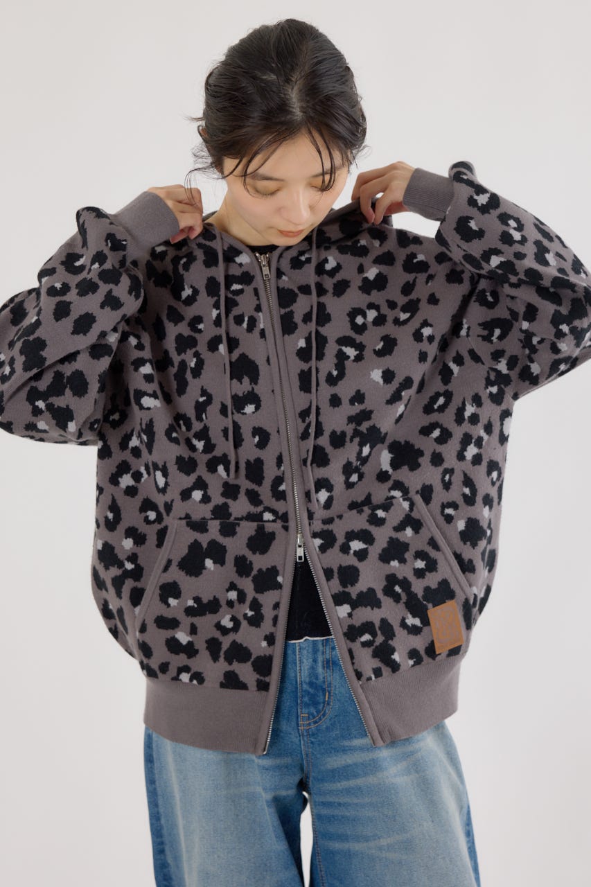 ジャガードニットジップパーカー 柄GRY FREE