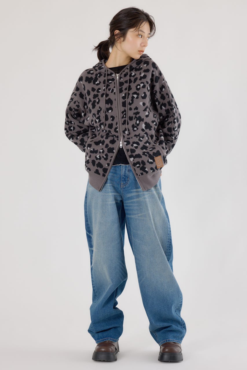 ジャガードニットジップパーカー 柄GRY FREE