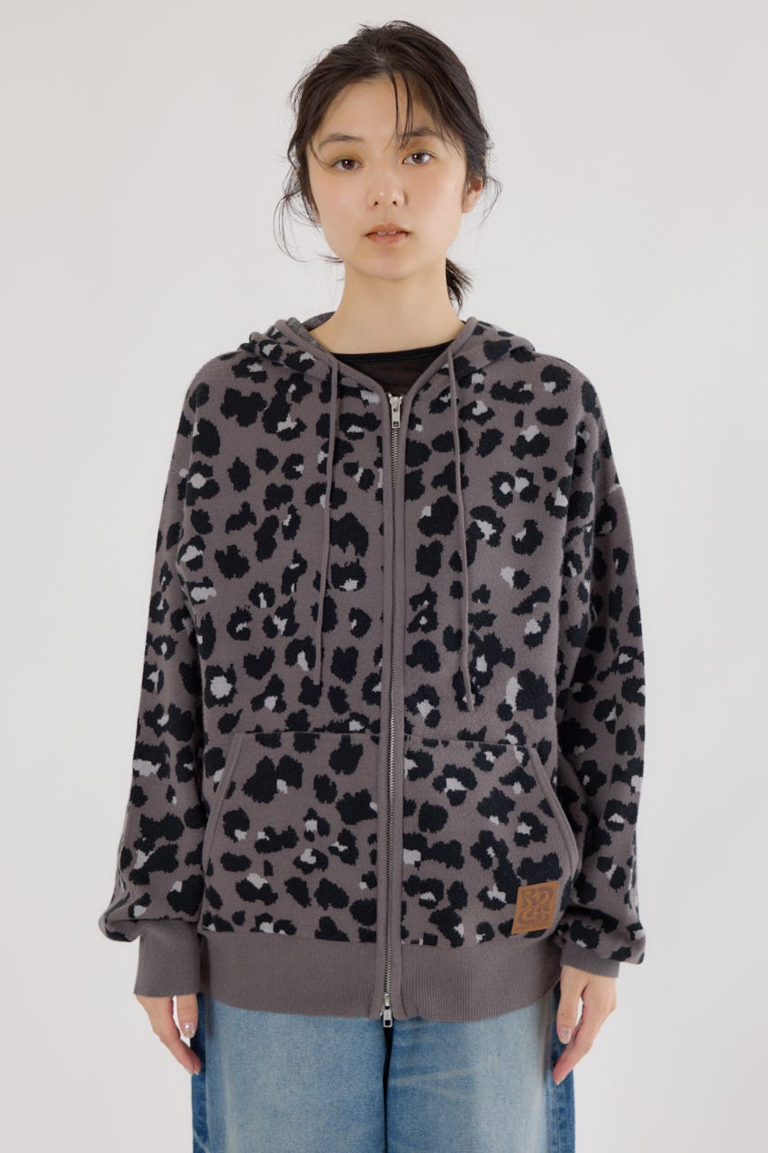 ジャガードニットジップパーカー 柄GRY FREE