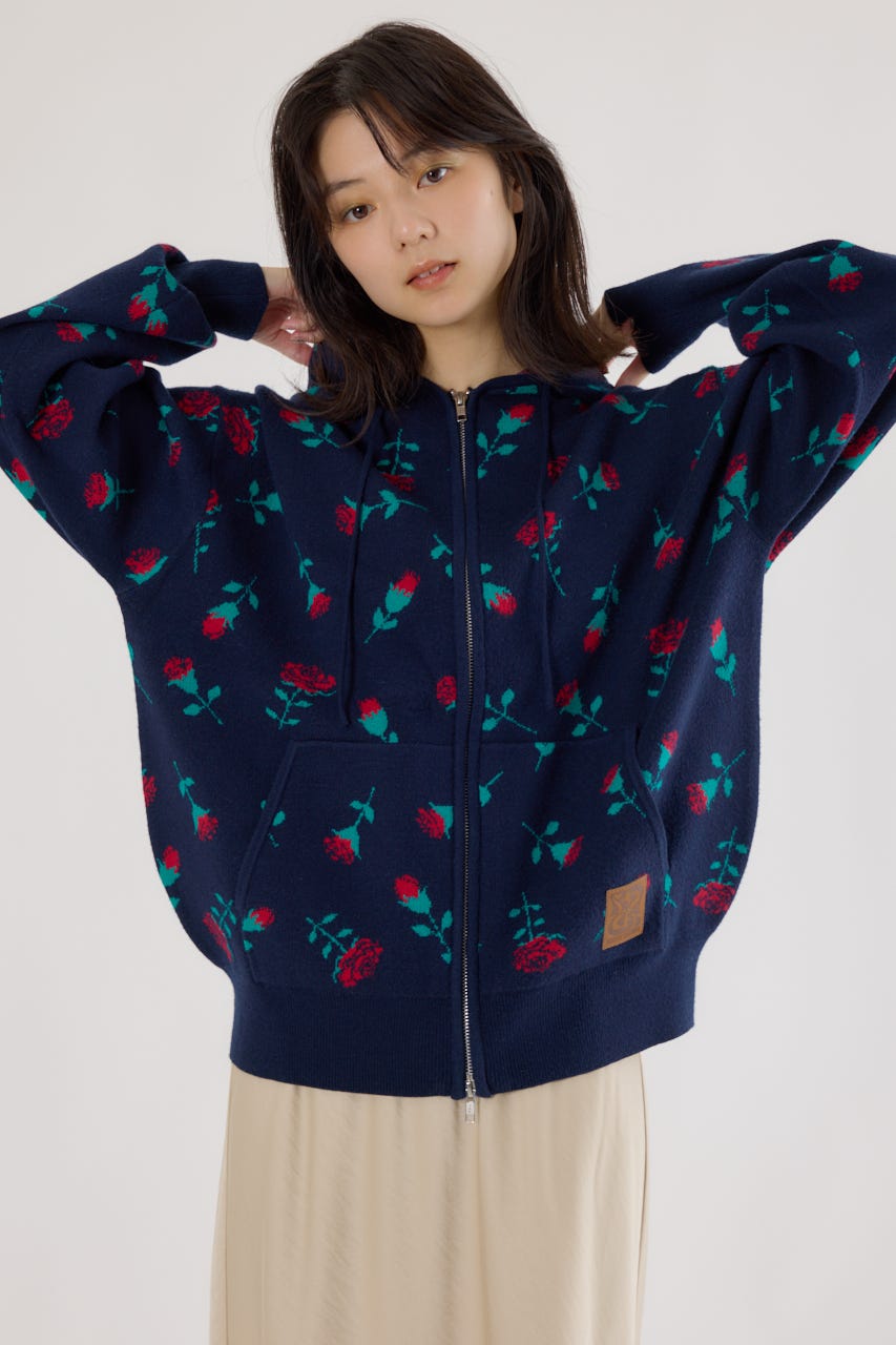 ジャガードニットジップパーカー 柄NVY FREE