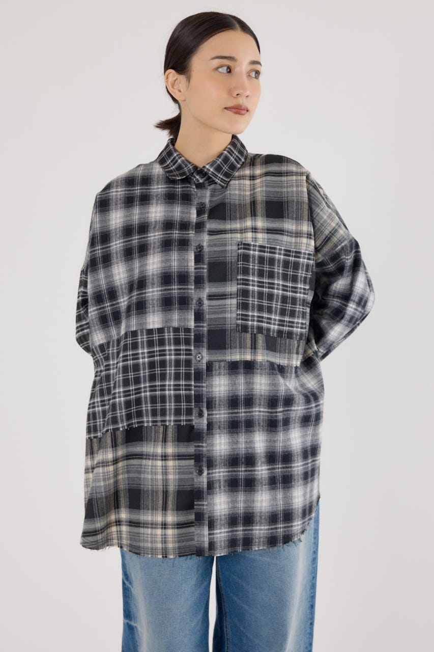 パッチワークチェックシャツ 柄BLK FREE