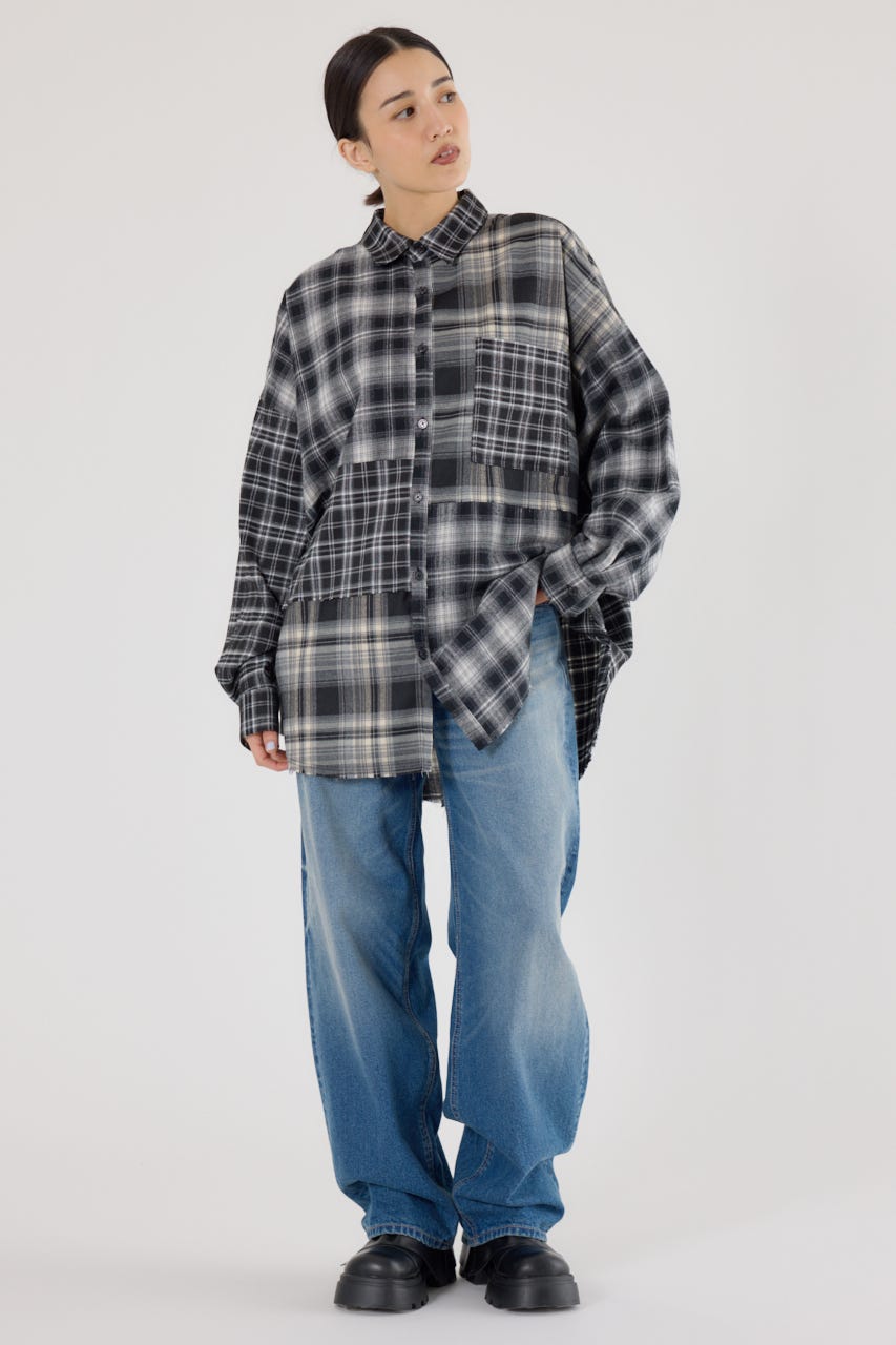 パッチワークチェックシャツ 柄BLK FREE