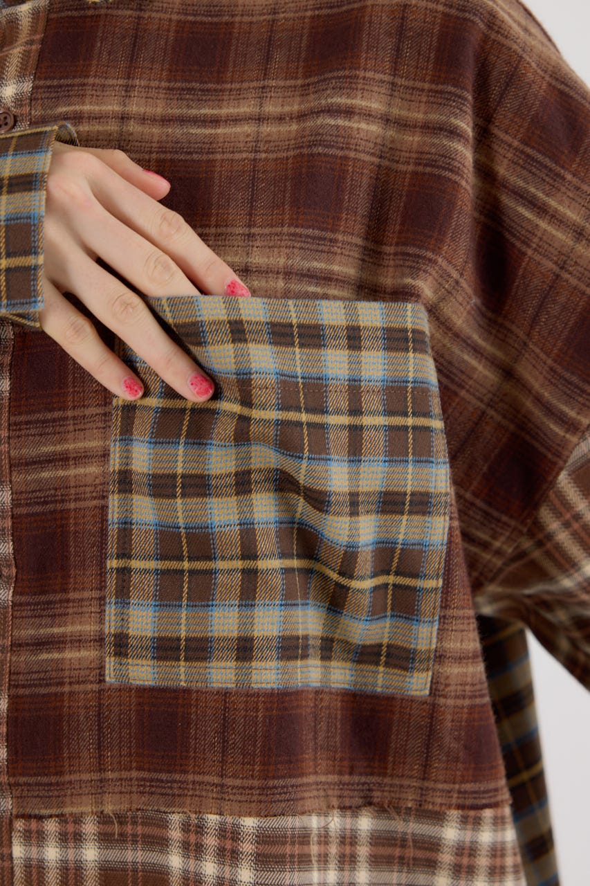 パッチワークチェックシャツ 柄BRN FREE