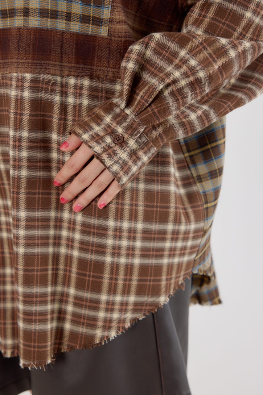 パッチワークチェックシャツ 柄BRN FREE