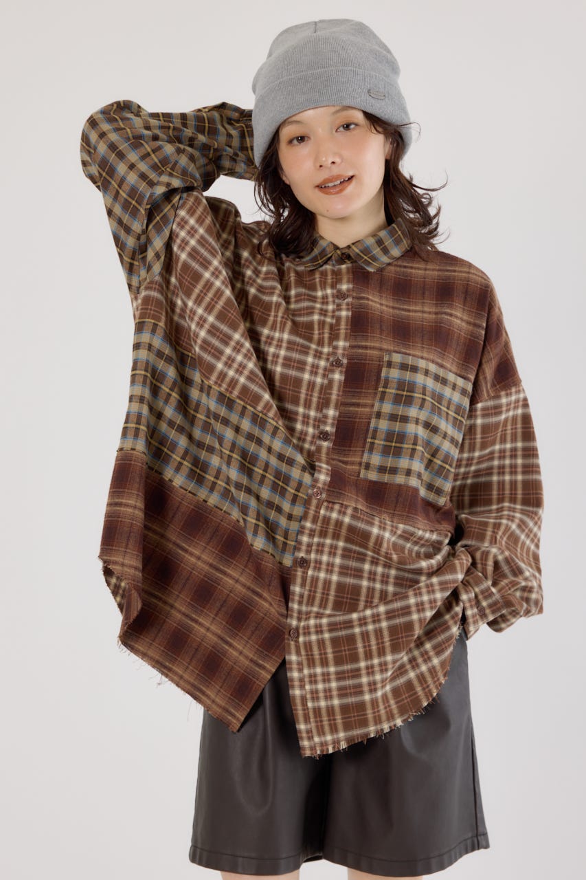 パッチワークチェックシャツ 柄BRN FREE