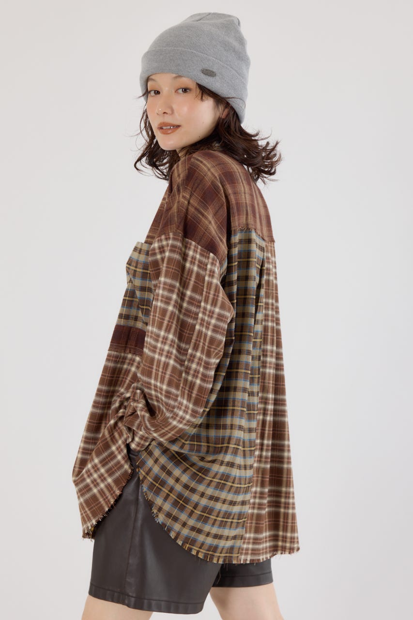 パッチワークチェックシャツ 柄BRN FREE