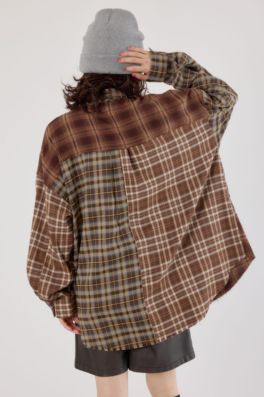 パッチワークチェックシャツ 柄BRN FREE