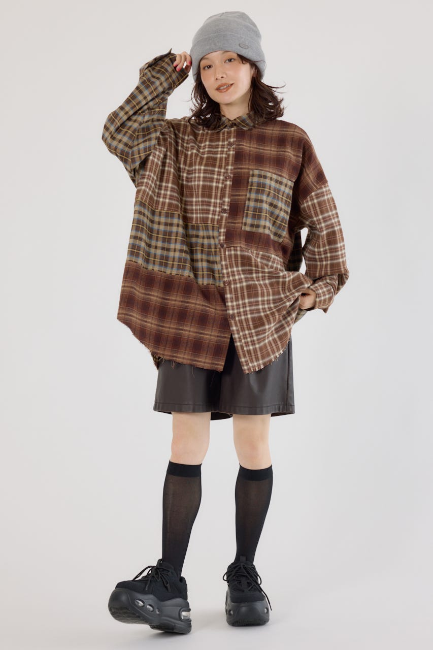 パッチワークチェックシャツ 柄BRN FREE