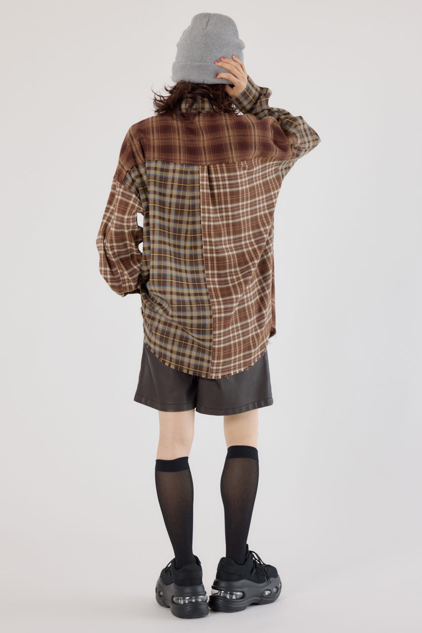 パッチワークチェックシャツ 柄BRN FREE