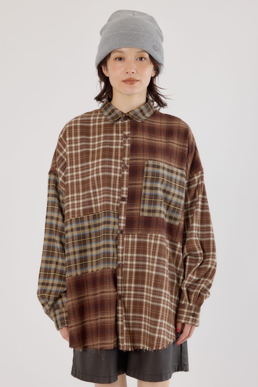 パッチワークチェックシャツ 柄BRN FREE