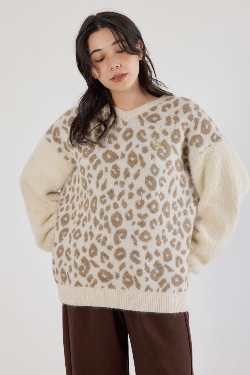 アームシャギーニットトップス 柄BEG FREE