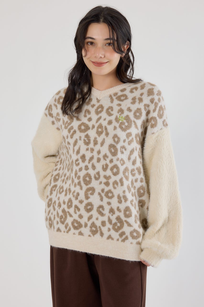 アームシャギーニットトップス 柄BEG FREE