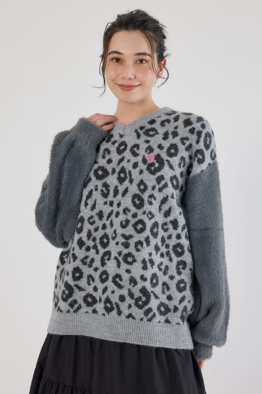 アームシャギーニットトップス 柄GRY FREE