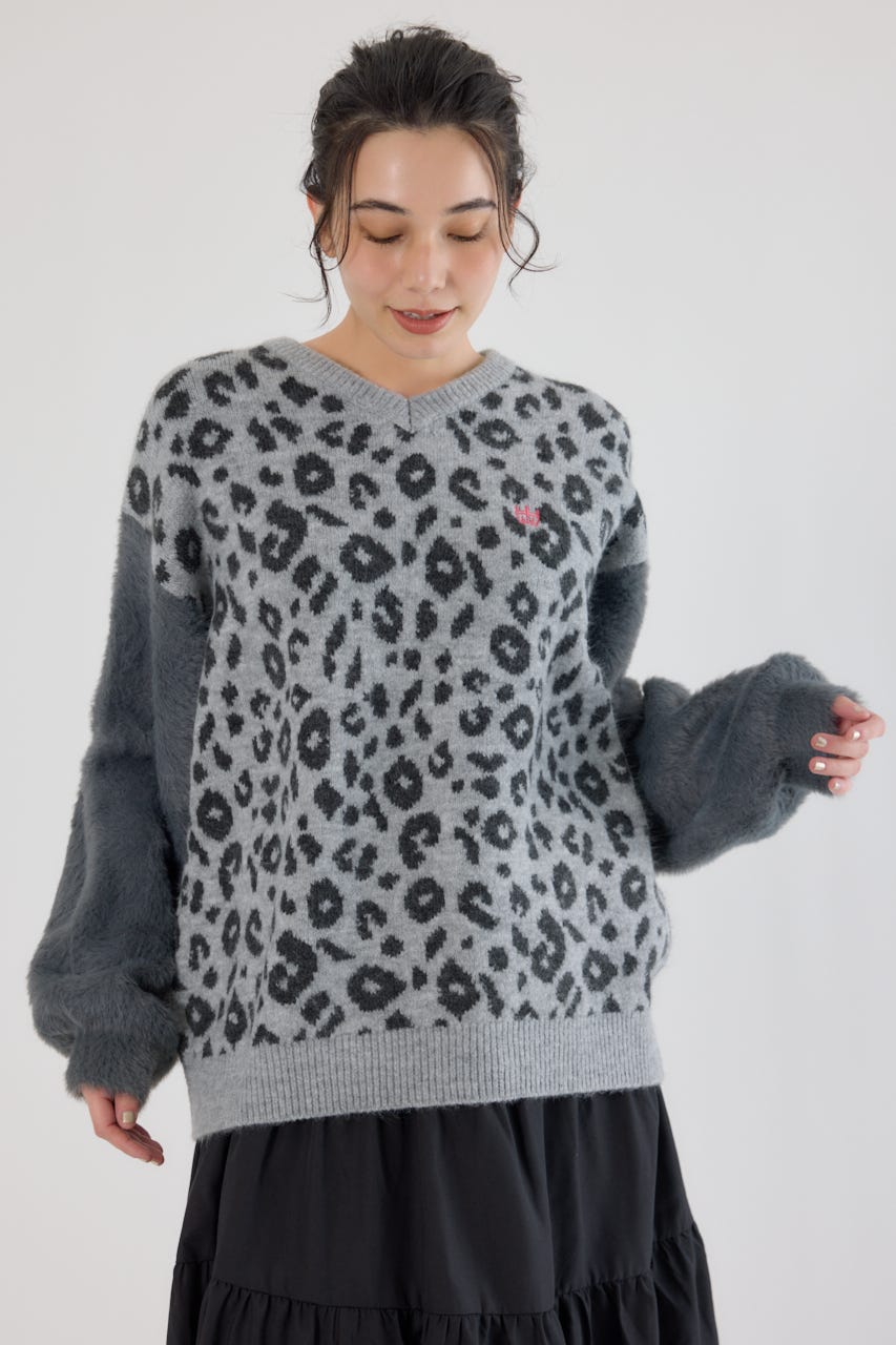 アームシャギーニットトップス 柄GRY FREE