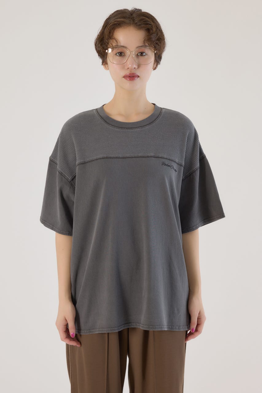 レターロゴ ワッフル Tシャツ 半袖 ルーズ トップス 2色 hr9565 RODEO CROWNS WIDE BOWL | ワッフルコンビカットトップス (T