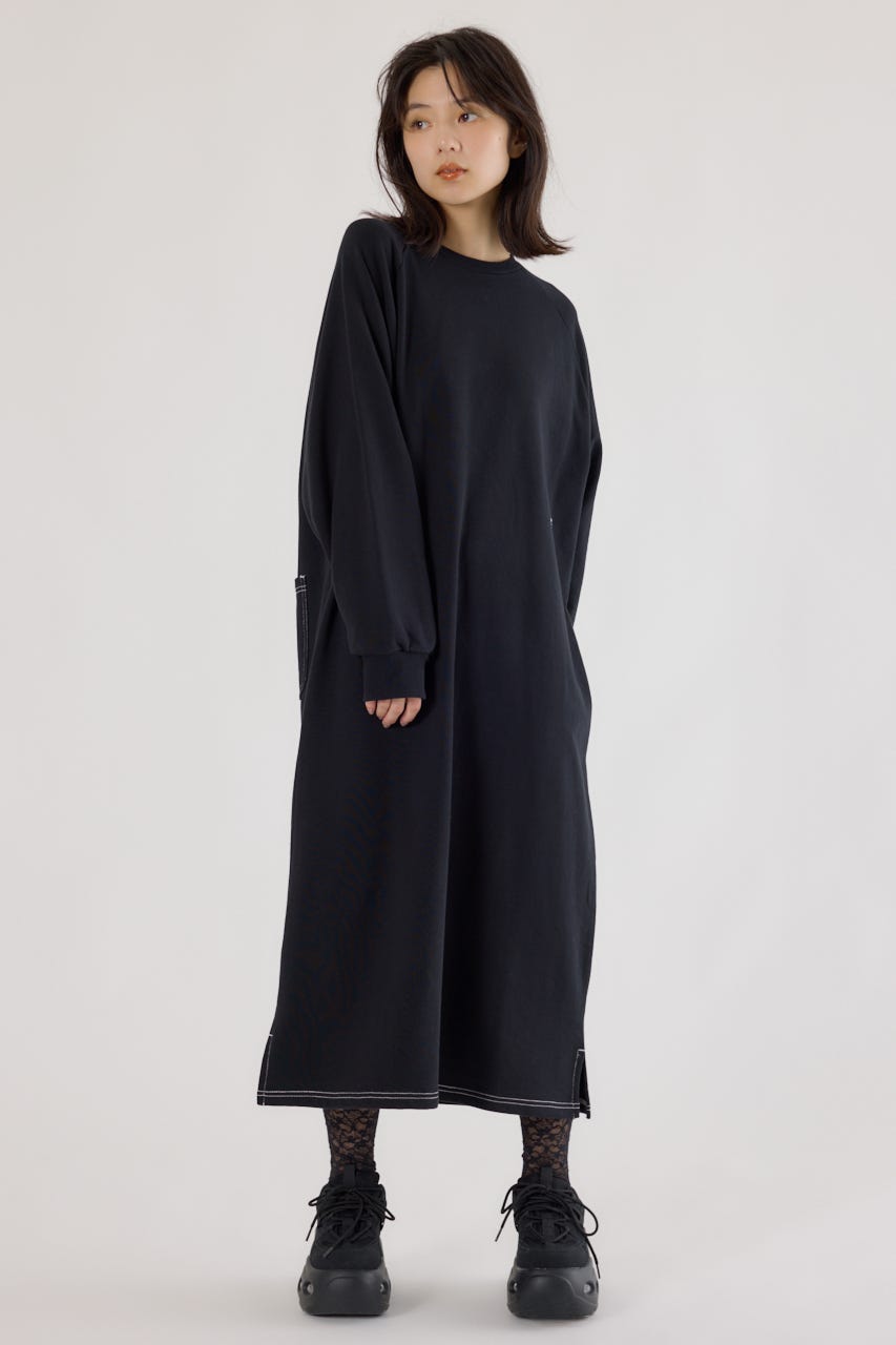 ラグランカラーステッチワンピース BLK FREE