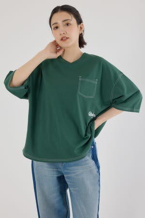 カラーステッチVネック5分袖Tシャツ