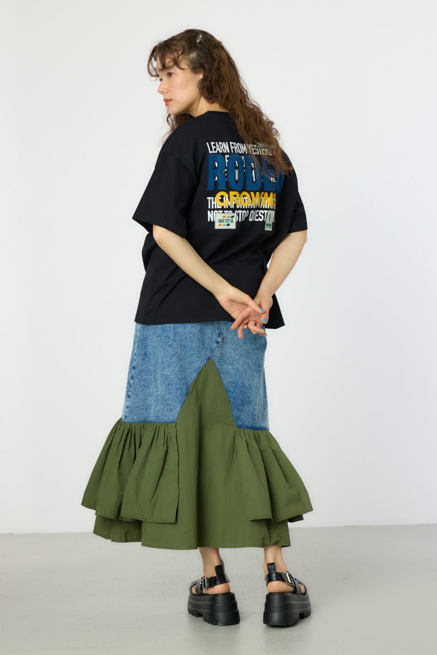 Overlap デニムアップリケTシャツ BLK FREE