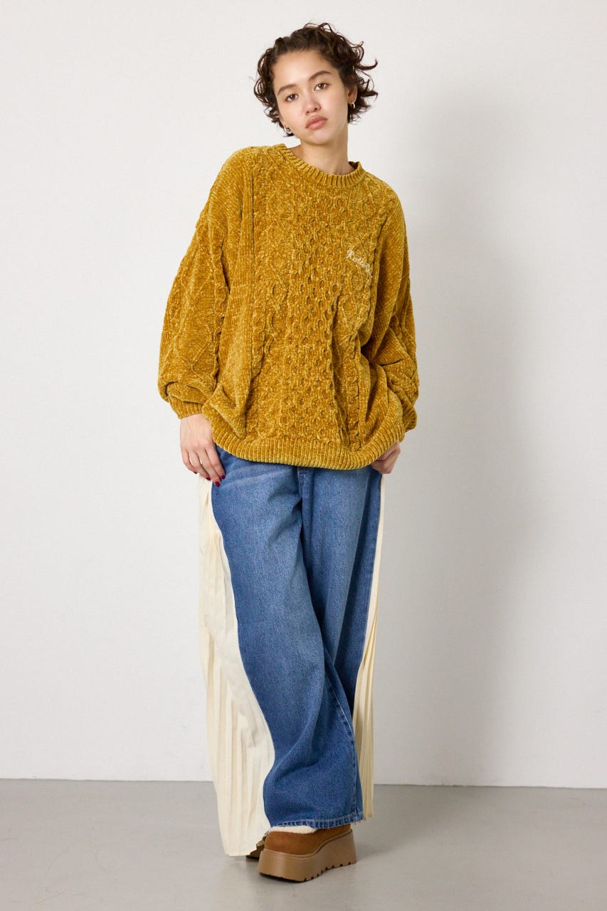 モールニットEMBROIDERYロゴトップス D/YEL FREE