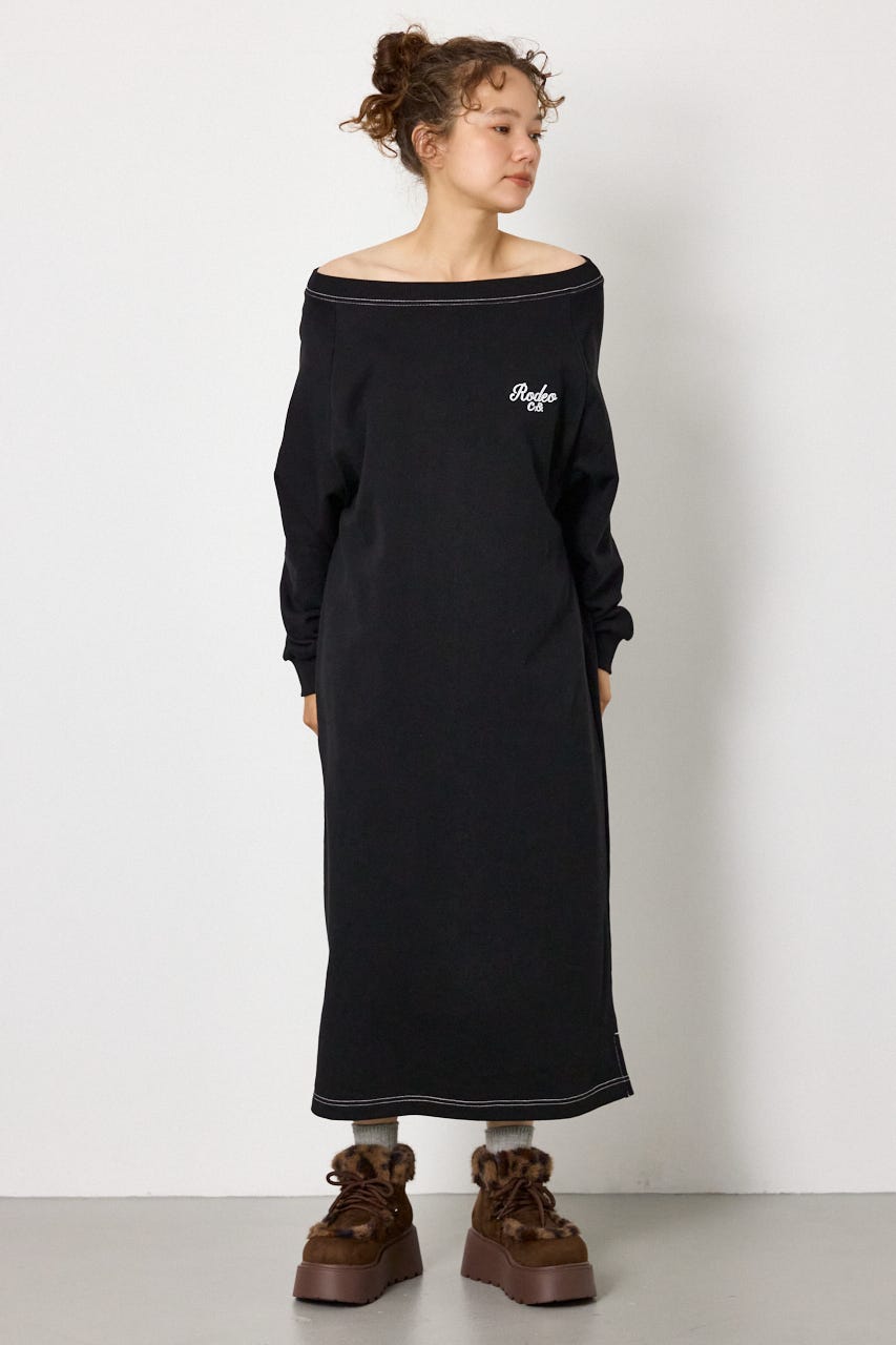 ラグランカラーステッチオフショルワンピース BLK FREE