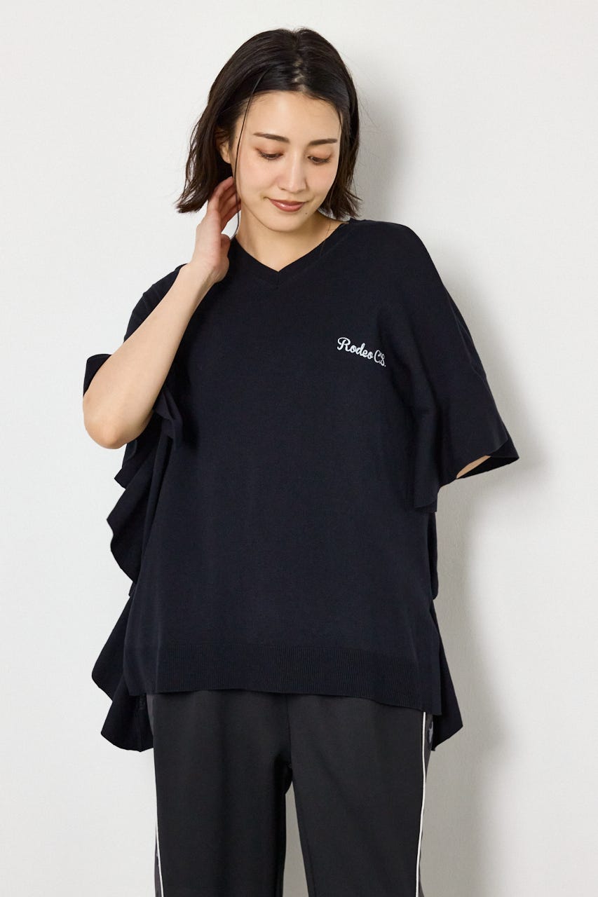 袖フリルニットトップス BLK FREE