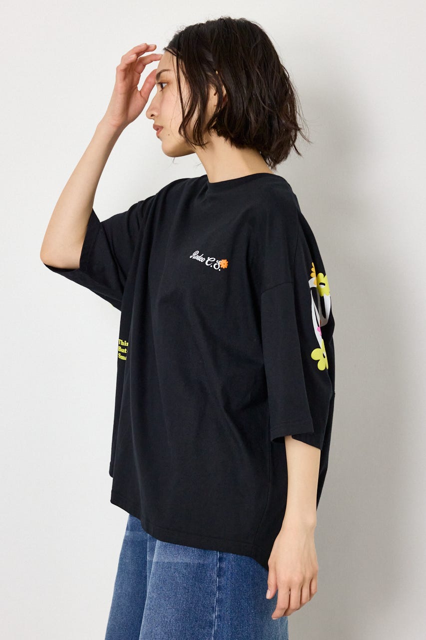 フラワースクリプトロゴ5分袖Tシャツ BLK FREE