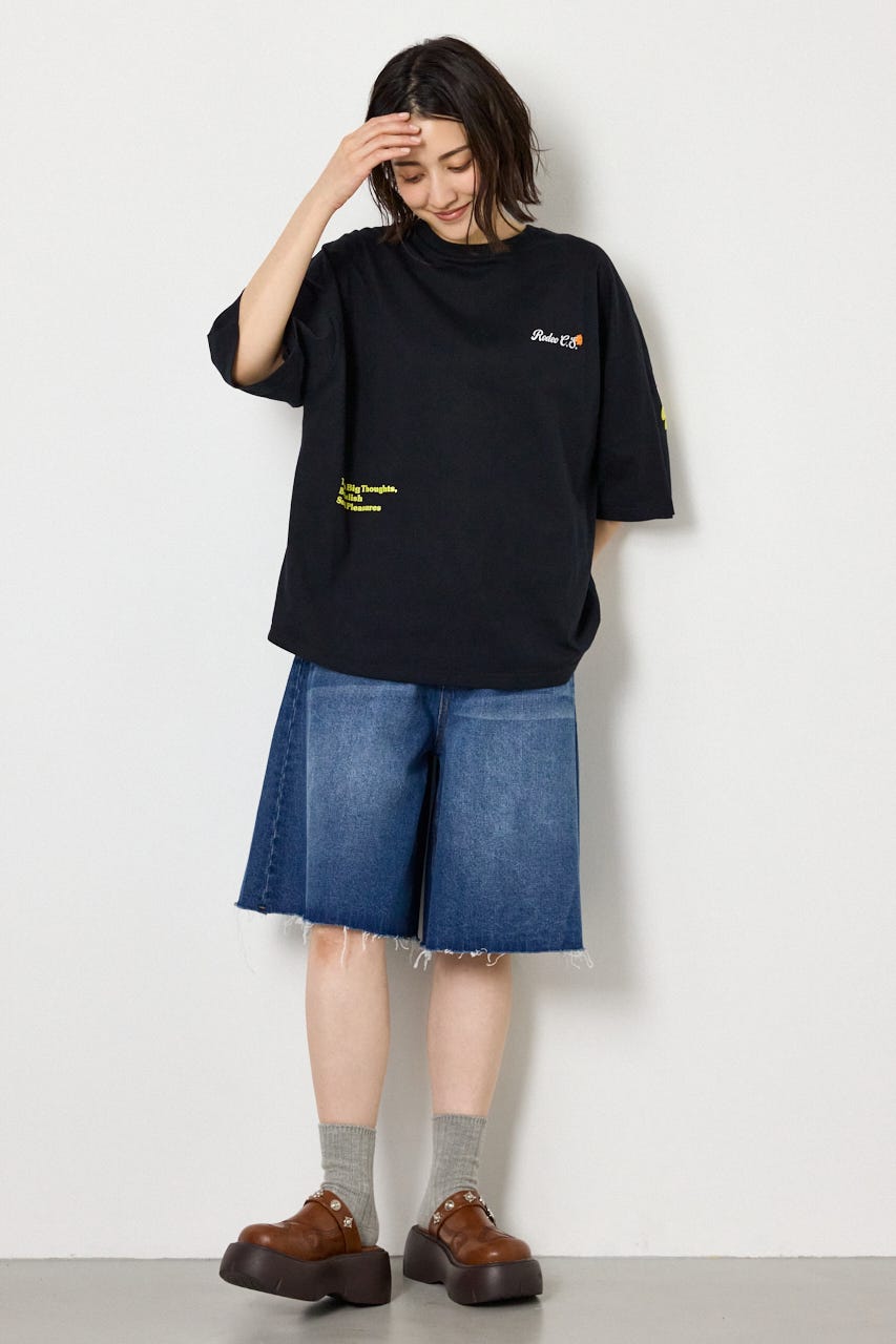 フラワースクリプトロゴ5分袖Tシャツ BLK FREE