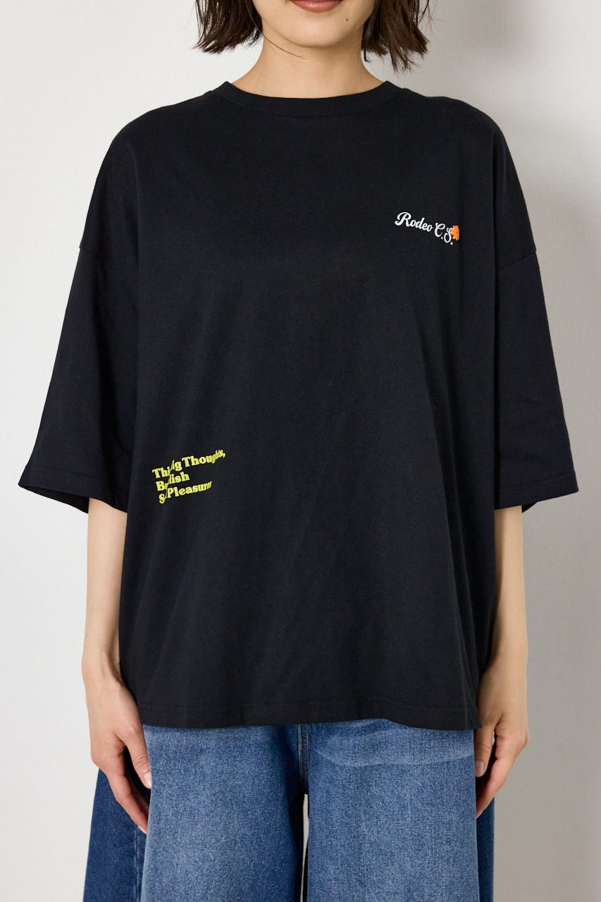 フラワースクリプトロゴ5分袖Tシャツ BLK FREE