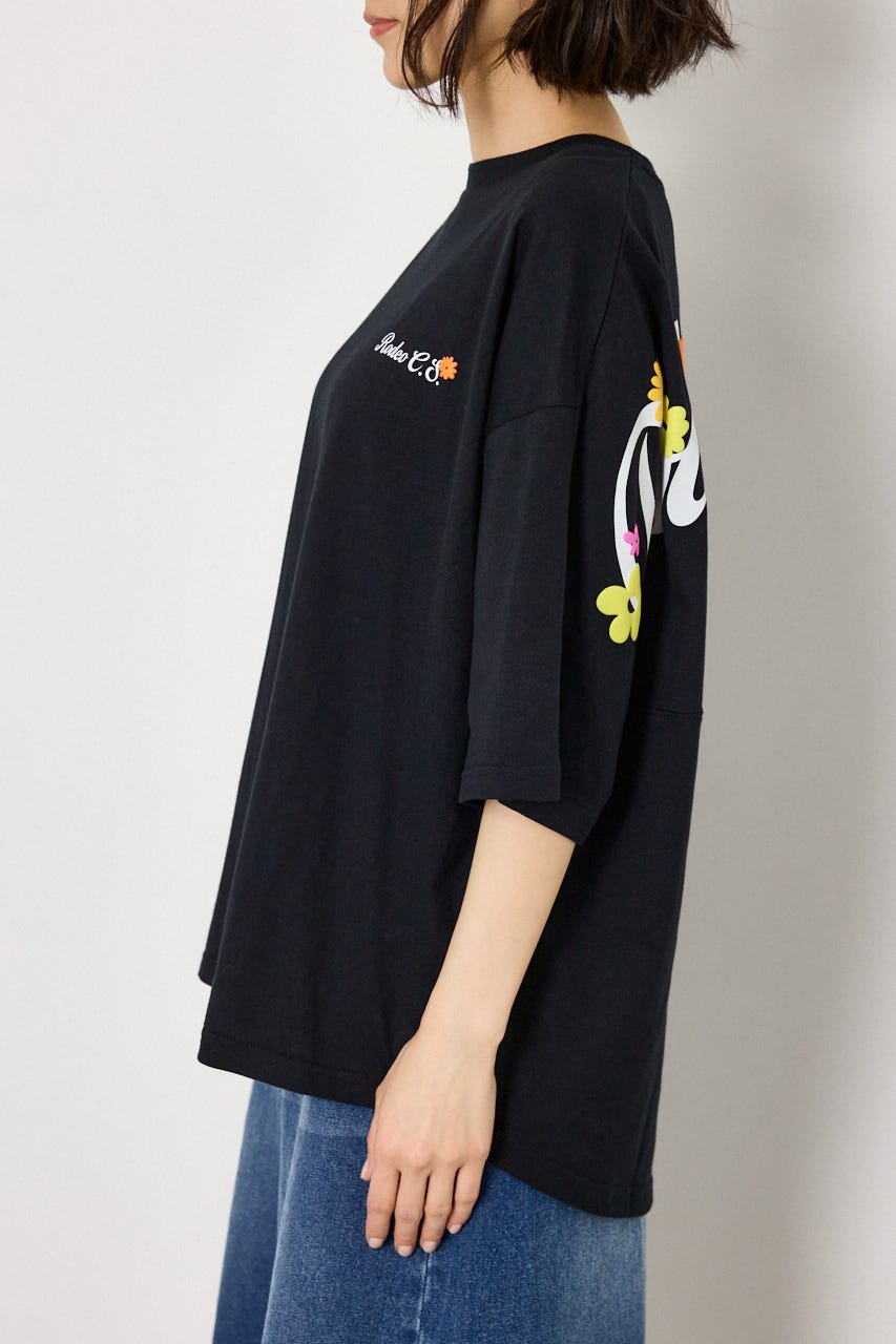 フラワースクリプトロゴ5分袖Tシャツ BLK FREE