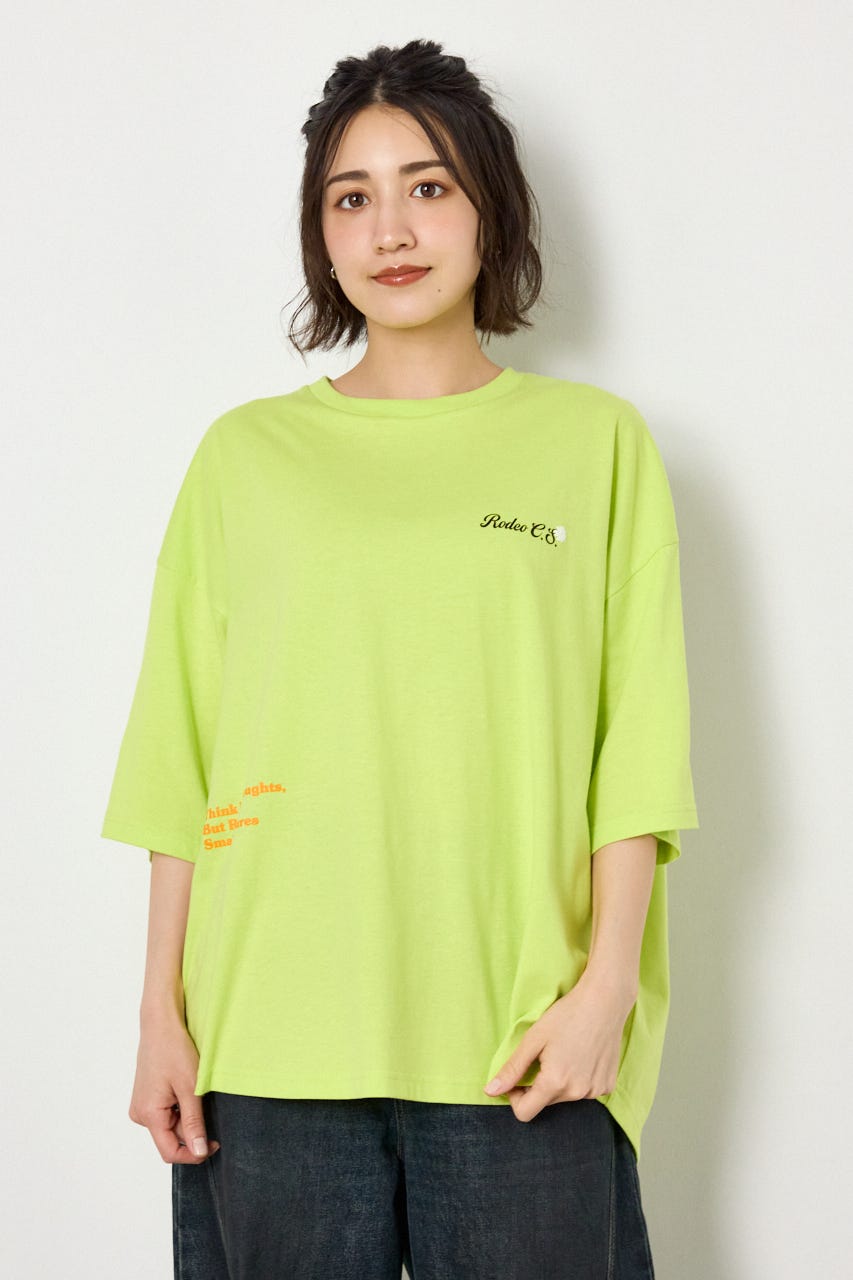 フラワースクリプトロゴ5分袖Tシャツ LIME FREE