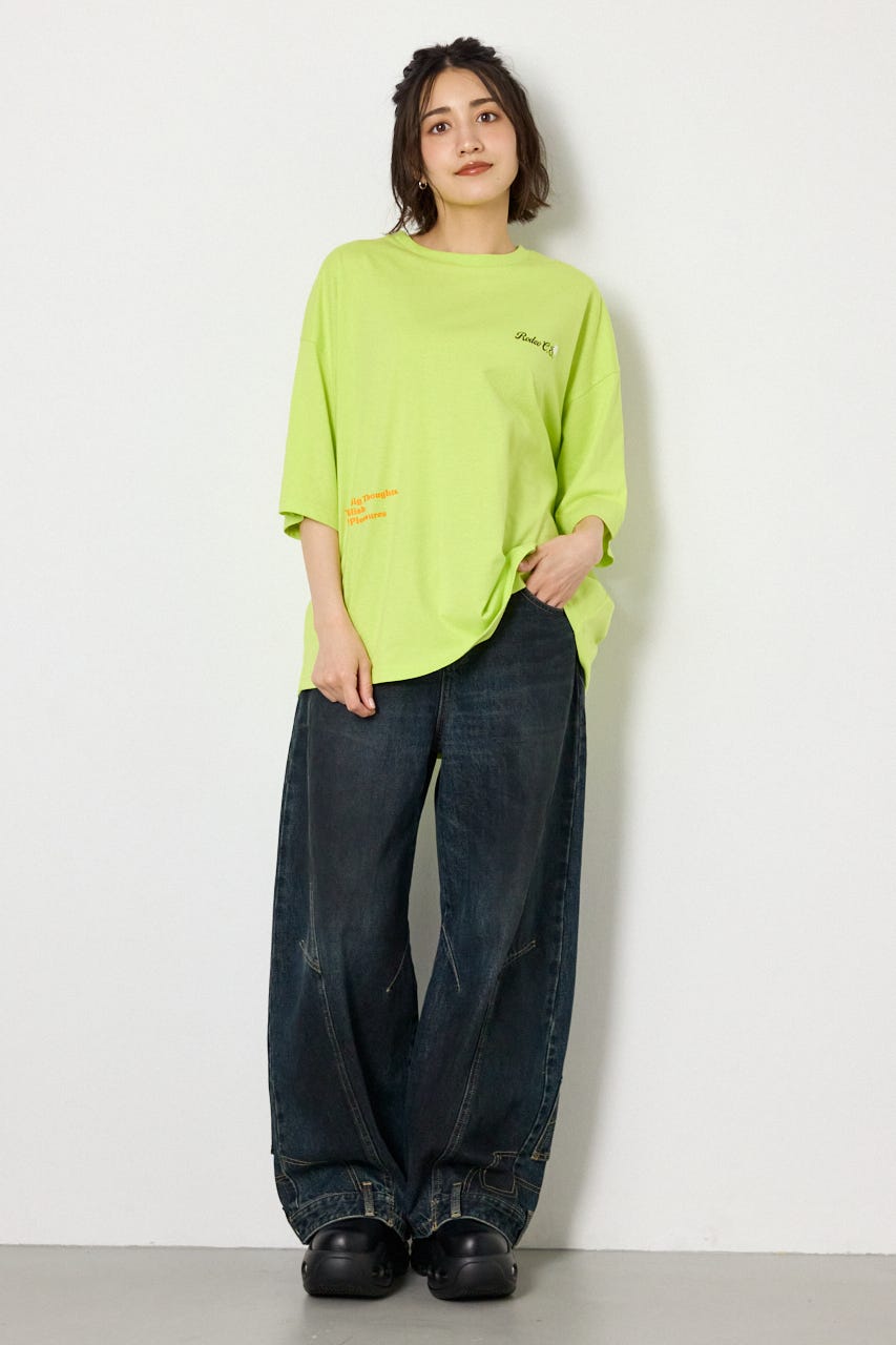 フラワースクリプトロゴ5分袖Tシャツ LIME FREE