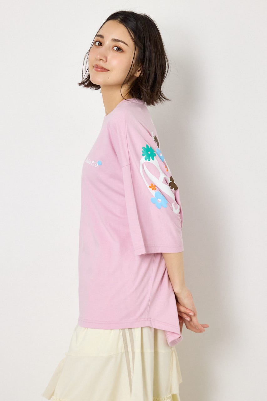 フラワースクリプトロゴ5分袖Tシャツ L/PNK FREE