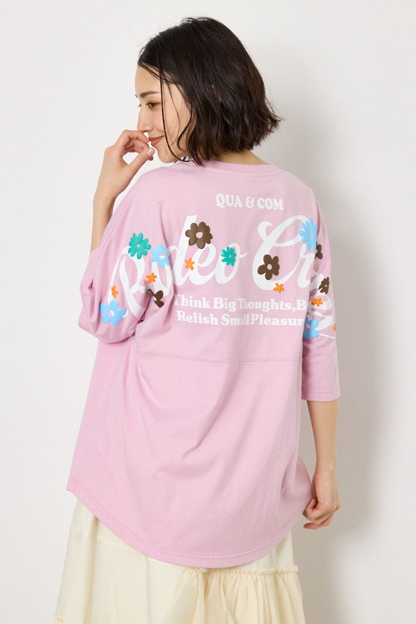 フラワースクリプトロゴ5分袖Tシャツ L/PNK FREE