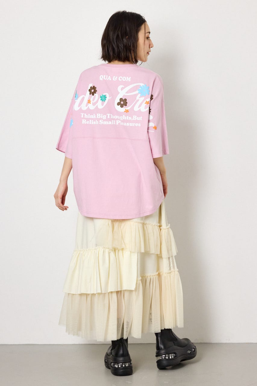 フラワースクリプトロゴ5分袖Tシャツ L/PNK FREE