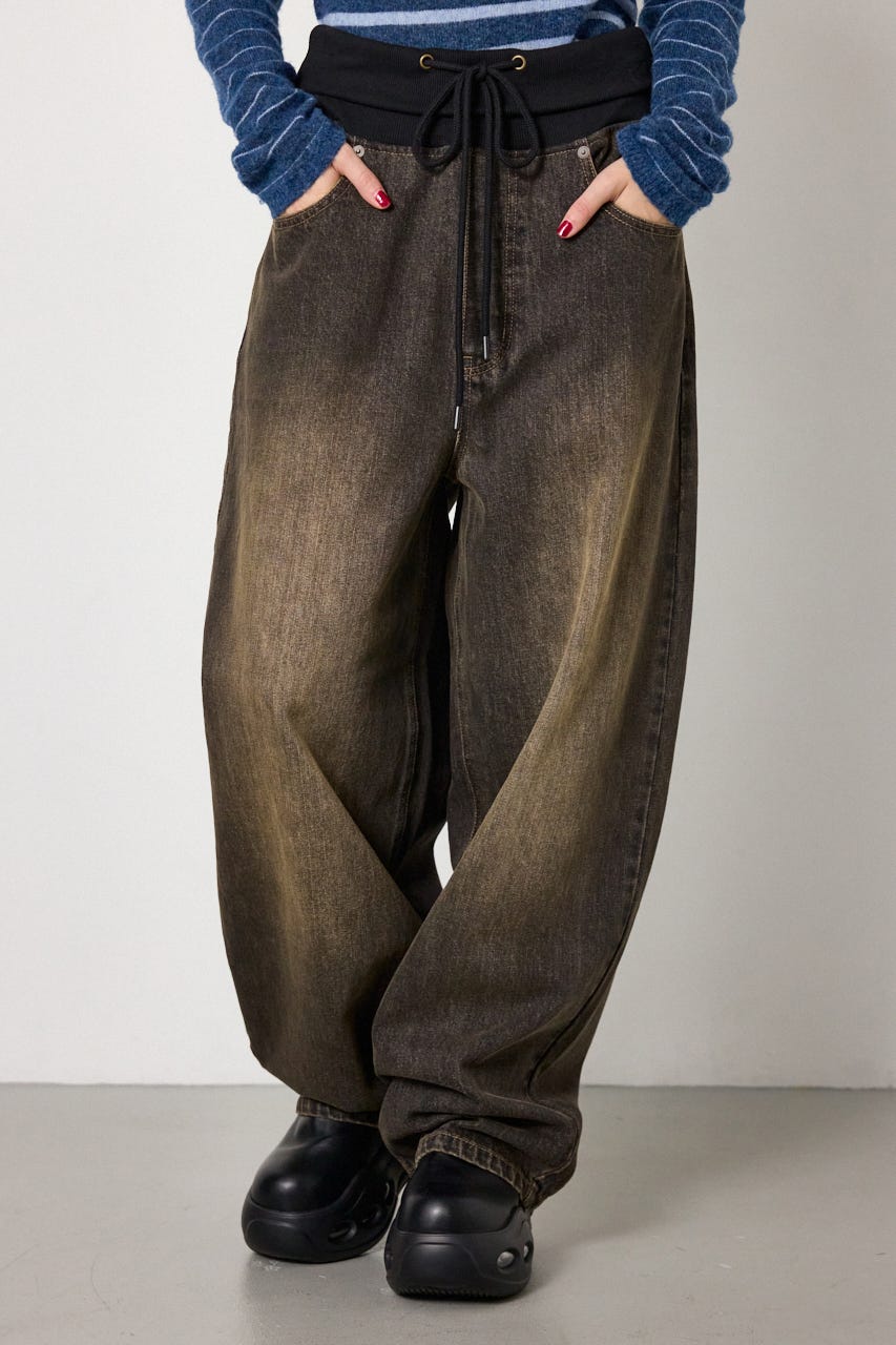 ウエストRIBウォッシュワイドDENIMパンツ BLK S